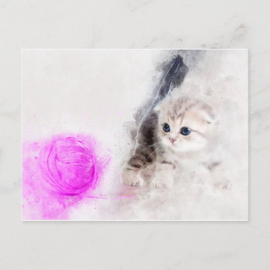 Kitten spelen met een roze garen bal waterverf briefkaart (Voorkant)