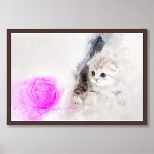 Kitten spelen met een roze garen bal waterverf foto afdruk