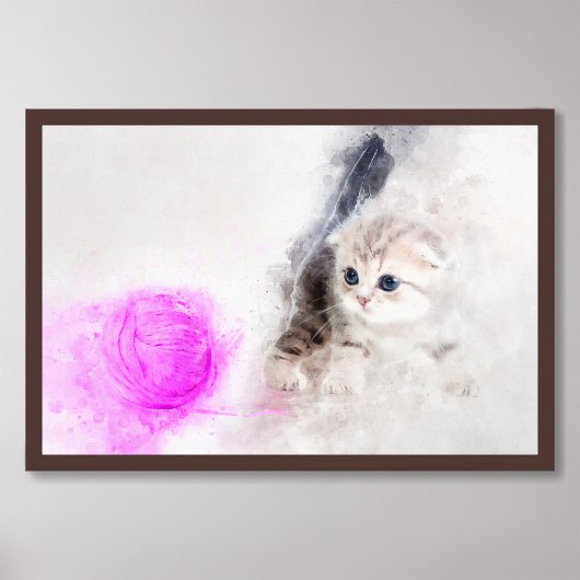 Kitten spelen met een roze garen bal waterverf foto afdruk