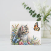 Kitten Staring At Butterfly Floral Art Briefkaart (Staand voorkant)