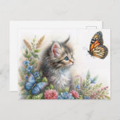 Kitten Staring At Butterfly Floral Art Briefkaart (Voorkant / Achterkant)