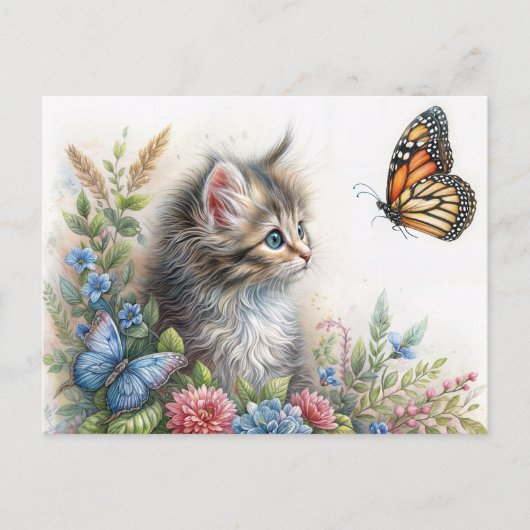 Kitten Staring At Butterfly Floral Art Briefkaart (Voorkant)