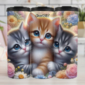 Kitten Trio: Schattige, Knuffelig, Bloemen Lijst Thermosbeker