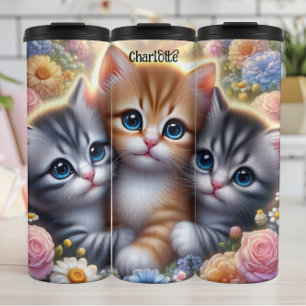 Kitten Trio: Schattige, Knuffelig, Bloemen Lijst Thermosbeker