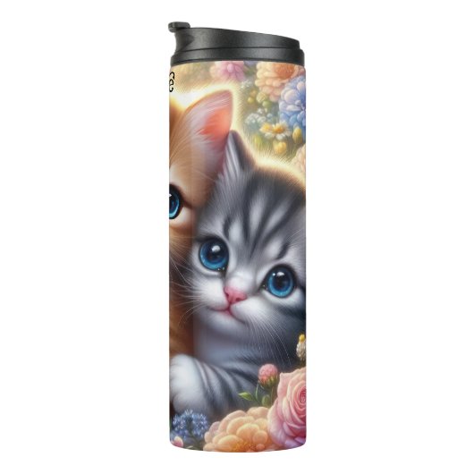 Kitten Trio: Schattige, Knuffelig, Bloemen Lijst Thermosbeker (Geroteerd rechts)