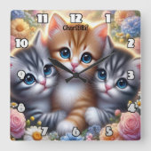 Kitten Trio: Schattige, Knuffelig, Bloemen Lijst Vierkante Klok (Voorkant)