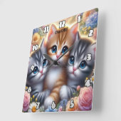 Kitten Trio: Schattige, Knuffelig, Bloemen Lijst Vierkante Klok (Hoek)