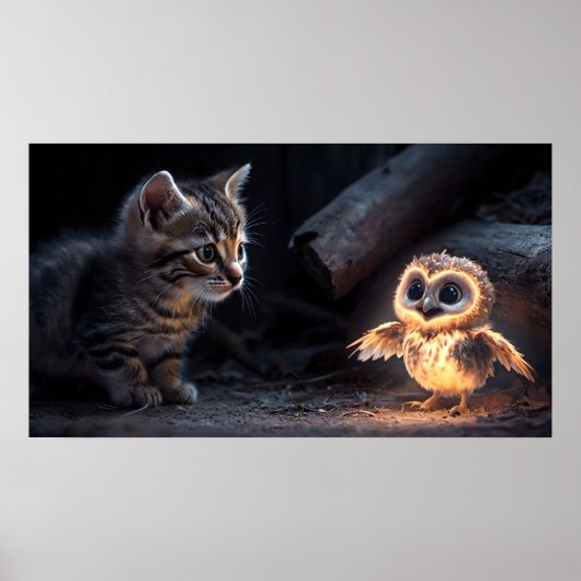Kitten & Uil Poster – Whimsical Kunst van Bosvrien (Voorkant)