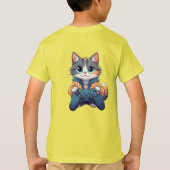 Kitten vasthoudend spelcontroller Lachende Gamer K T-shirt (Achterkant)