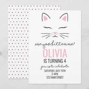 Kitten Verjaardag Invite met roze harten kat gezic Kaart
