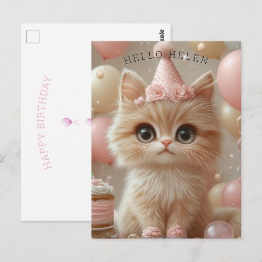  Kitten Verjaardag Pet Taart Ballonnen Briefkaart (Voorkant / Achterkant)
