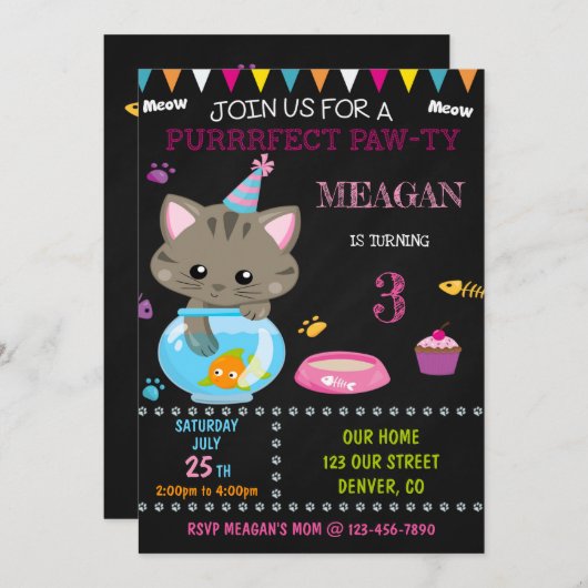 Kitten verjaardagsuitnodiging Kat uitnodiging (Voorkant / Achterkant)