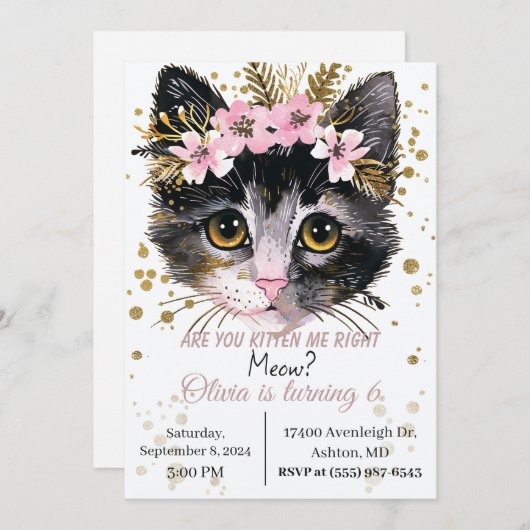 Kitten verjaardagsuitnodiging, kattenfeest kaart (Voorkant / Achterkant)