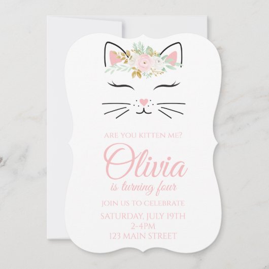 Kitten Verjaardagsuitnodiging met bloemengezicht v Kaart (Voorkant)