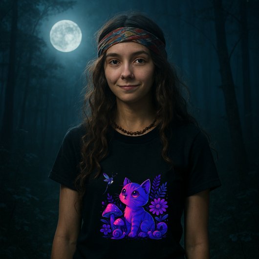 Kitten & vuurvliegjes tussen paddenstoelen t-shirt