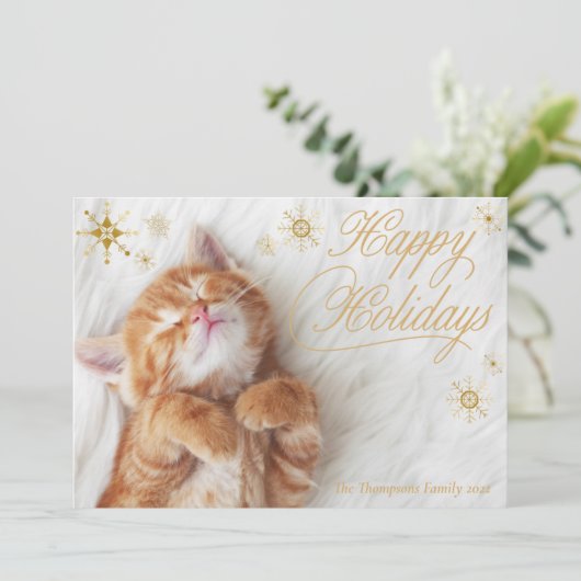 Kitten White Fur Gold Happy Holiday-kaarten Feestdagenkaart (Staand voorkant)