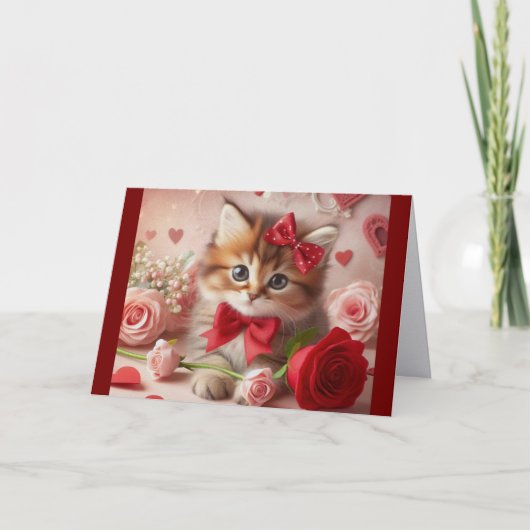Kitten With Roses And Hearts Holiday Card Feestdagen Kaart (Voorkant)