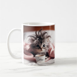 Kitten wordt net wakker met behoefte aan koffie. koffiemok
