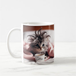 Kitten wordt net wakker met behoefte aan koffie. koffiemok