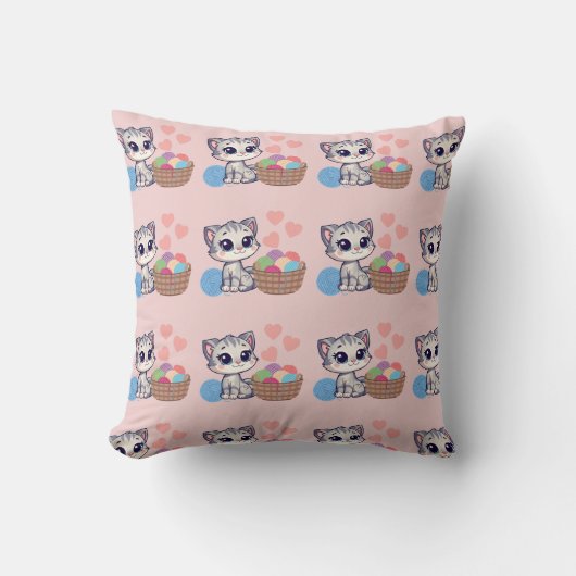 Kitten & Yarn Throw Pillow Kussen (Voorkant)