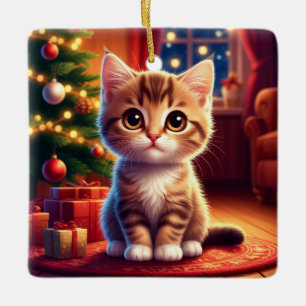 Kitten zit naast gloeiende kerstboom keramisch ornament
