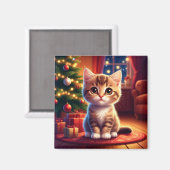 Kitten zit naast gloeiende kerstboom magneet (Voorkant / Achterkant)