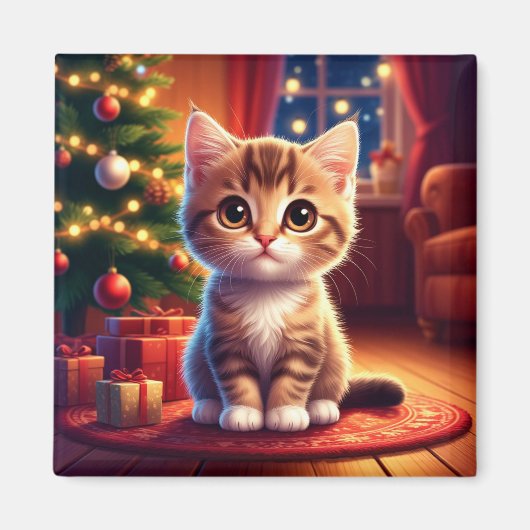 Kitten zit naast gloeiende kerstboom magneet (Voorkant)