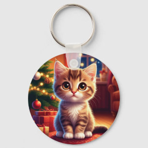 Kitten zit naast gloeiende kerstboom sleutelhanger