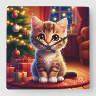 Kitten zit naast gloeiende kerstboom vierkante klok