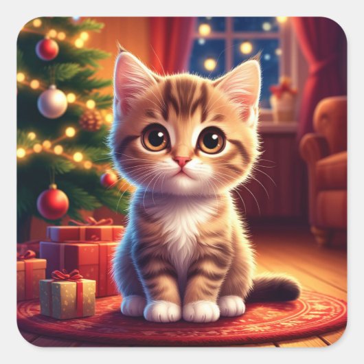 Kitten zit naast gloeiende kerstboom vierkante sticker (Voorkant)