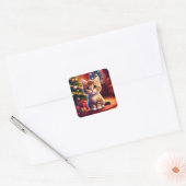 Kitten zit naast gloeiende kerstboom vierkante sticker (Envelop)