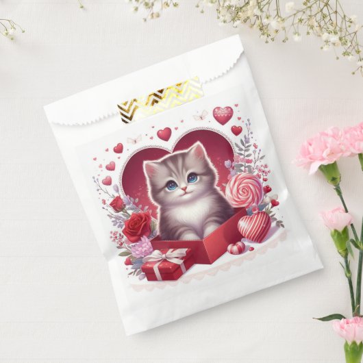 Kitten zitten in een doos met bloemen en geschenke bedankzakje (Gezegeld)