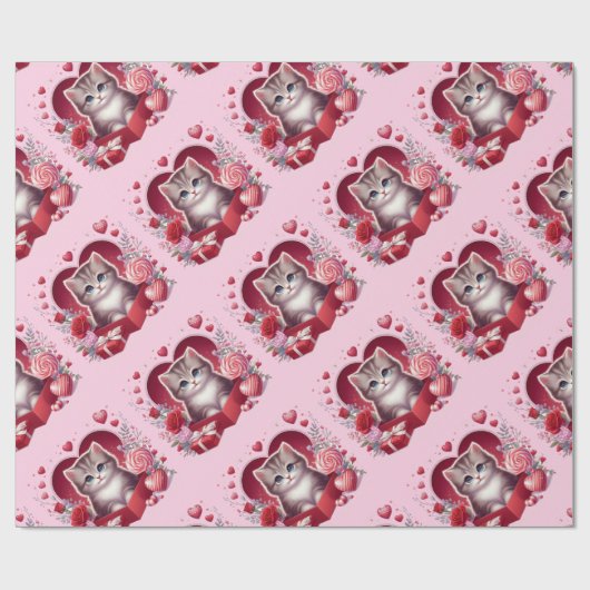 Kitten zitten in een doos met bloemen en geschenke cadeaupapier (Vlak)