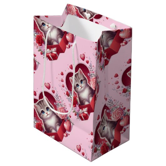 Kitten zitten in een doos met bloemen en geschenke medium cadeauzakje (Voorkant Gekanteld)