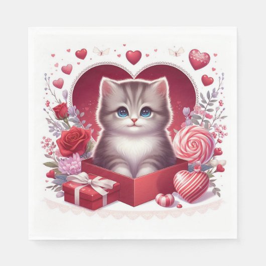 Kitten zitten in een doos met bloemen en geschenke servet (Voorkant)