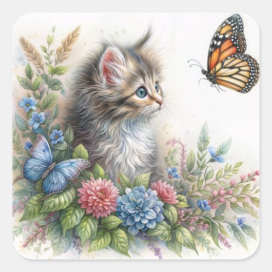 Kittens die naar een oranje vlinder kijken vierkante sticker (Voorkant)