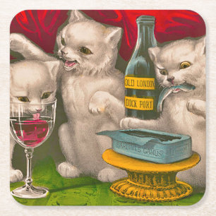 Kittens die sardines drink en eet kartonnen onderzetters