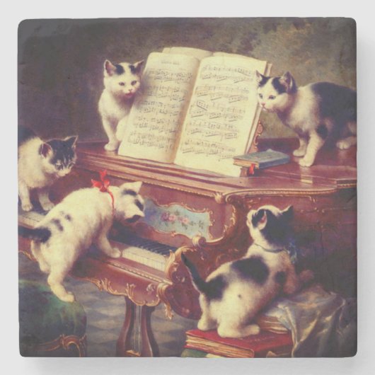 Kittens en Piano Stenen Onderzetter (Voorkant)