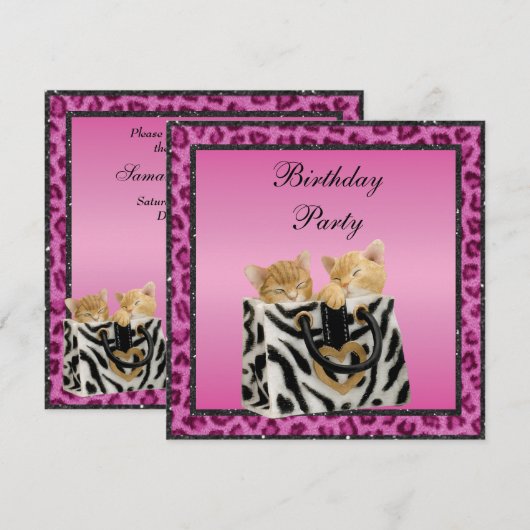 Kittens en roze luipaard print voor Birthday party Kaart (Voorkant / Achterkant)