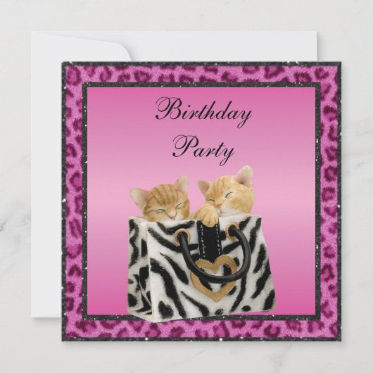 Kittens en roze luipaard print voor Birthday party Kaart (Voorkant)