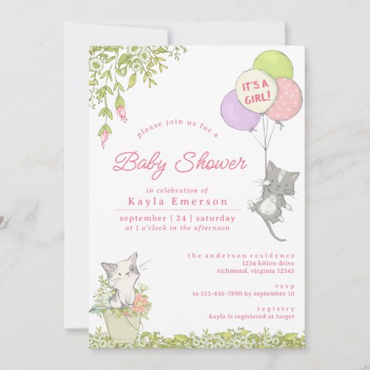 Kittens en Spring Floral | Cute Girly Baby shower Kaart (Voorkant)