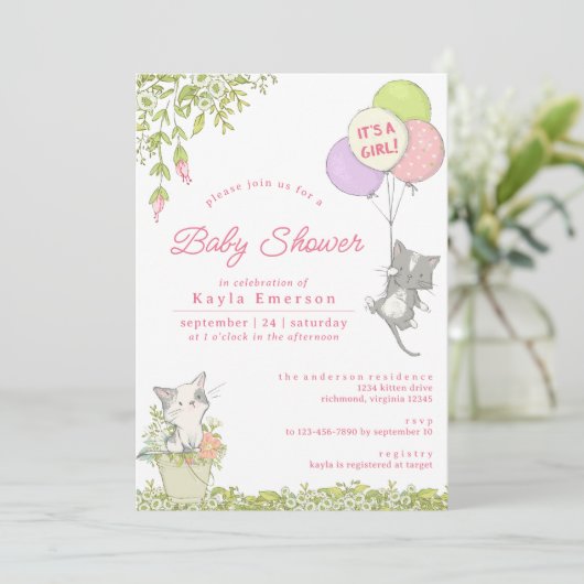 Kittens en Spring Floral | Cute Girly Baby shower Kaart (Staand voorkant)
