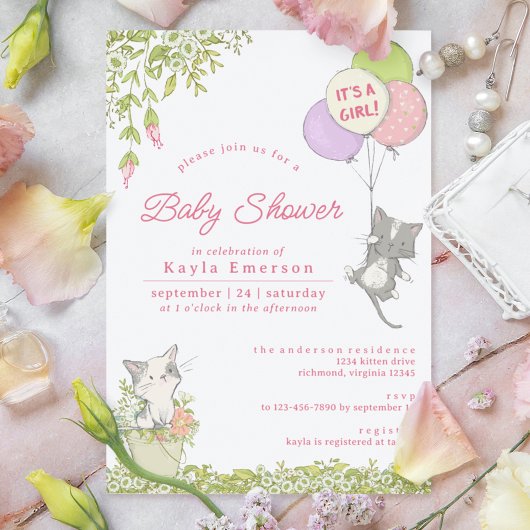Kittens en Spring Floral | Cute Girly Baby shower Kaart
