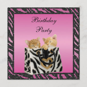 Kittens in Bag Zebra Print Faux Glitter Birthday Kaart
