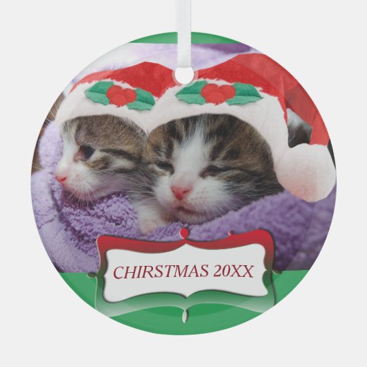 Kittens in Santa Hats Kerstmis 20XX Glas Ornament (Voorkant)