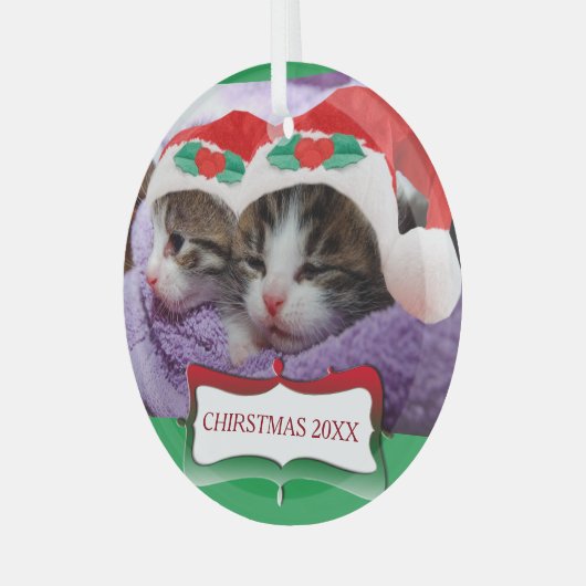 Kittens in Santa Hats Kerstmis 20XX Glas Ornament (Voorkant links)