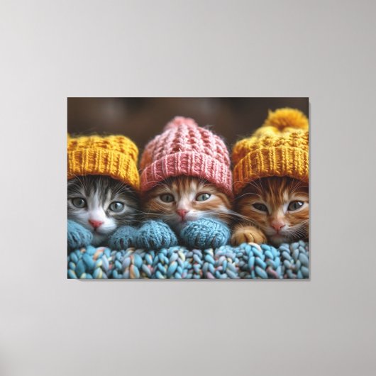 Kittens in wollige petten canvas afdruk (Voorkant)