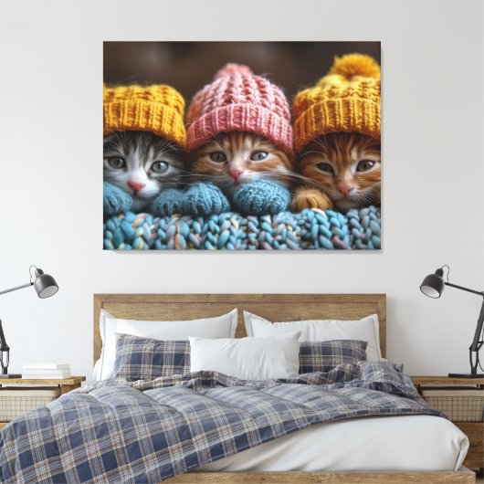 Kittens in wollige petten canvas afdruk (Insitu (Slaapkamer))