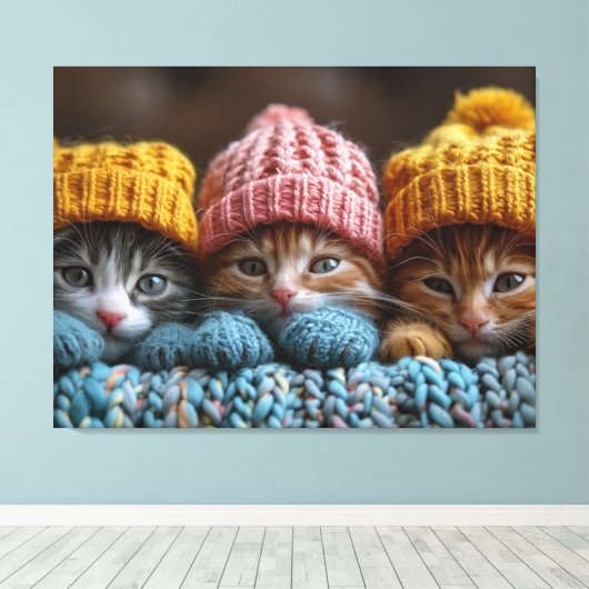 Kittens in wollige petten canvas afdruk (Insitu (Houten vloer))