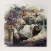 Kittens Kat Paarse Bloemen Raam Zonlicht  Legpuzzel (Horizontaal)